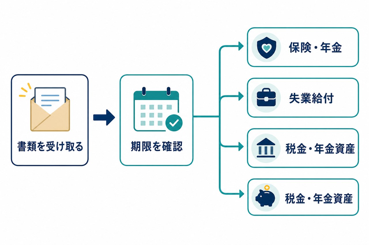 退職後の書類確認から保険や税金の手続きへ進む流れ図