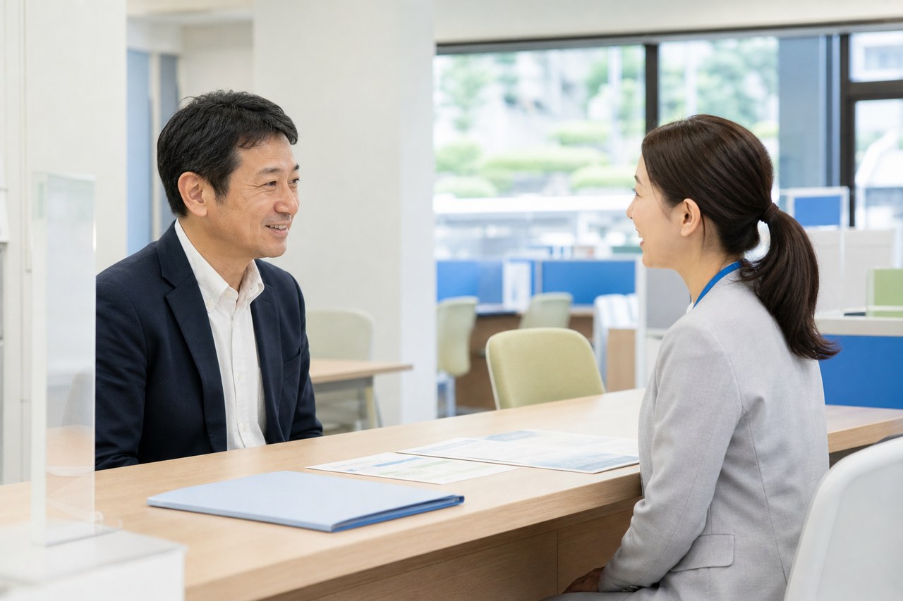 市役所の窓口で健康保険について相談する退職者