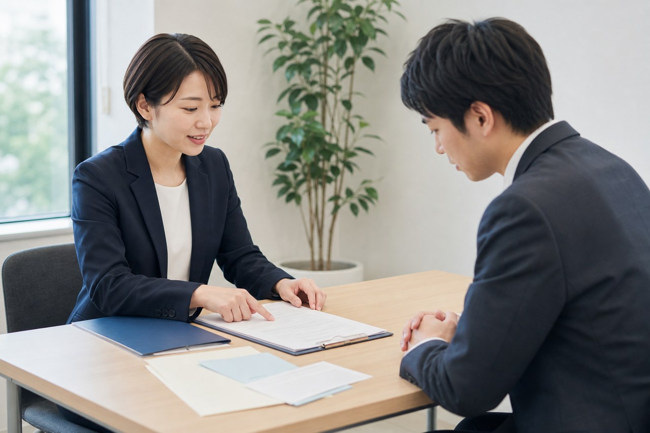 人事担当者と退職する社員が書類を指さして確認している