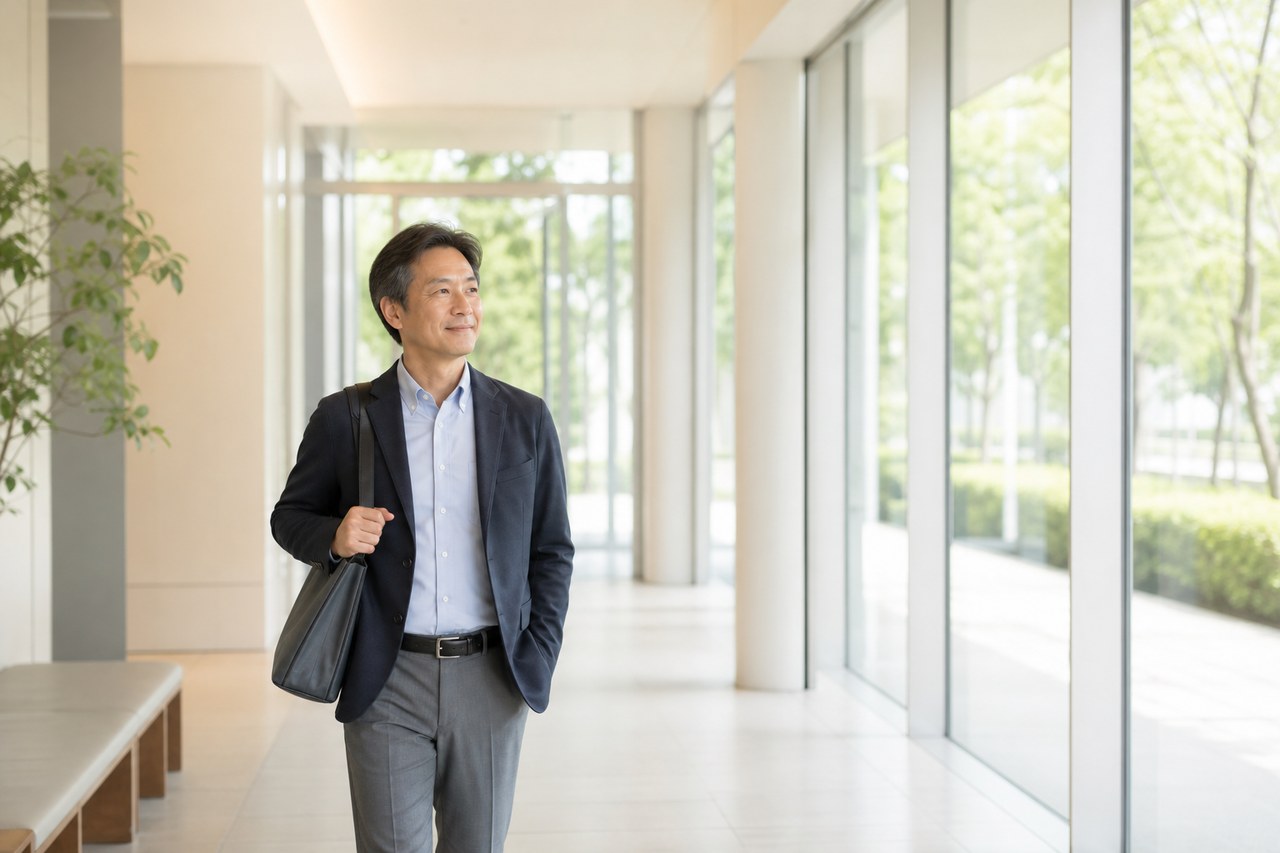 明るい通路を歩き次の生活へ向かう退職者
