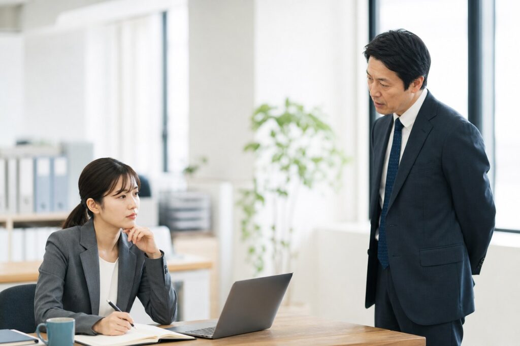 記録用ノートを前に上司と向き合う部下