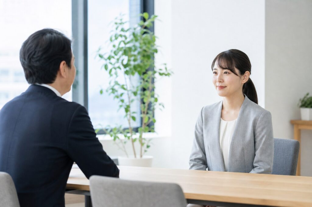 明るいオフィスで退職について上司に伝える社員