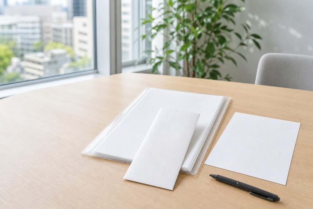履歴書用の白い封筒と書類を整えたオフィスの机