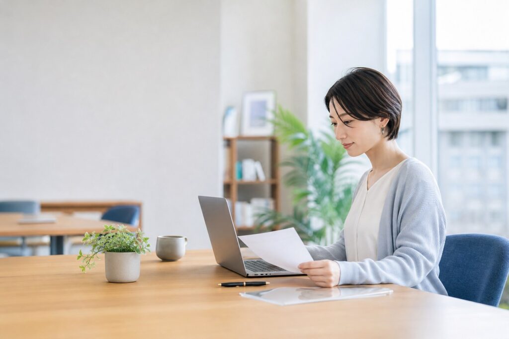 窓際のデスクで履歴書を見つめ転職準備をする女性