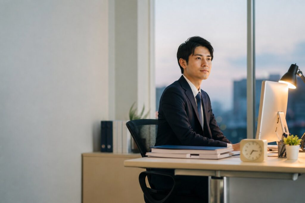 夕方のオフィスで残業する会社員