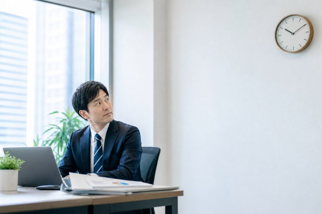 窓辺のオフィスで時計を見る疲れた会社員