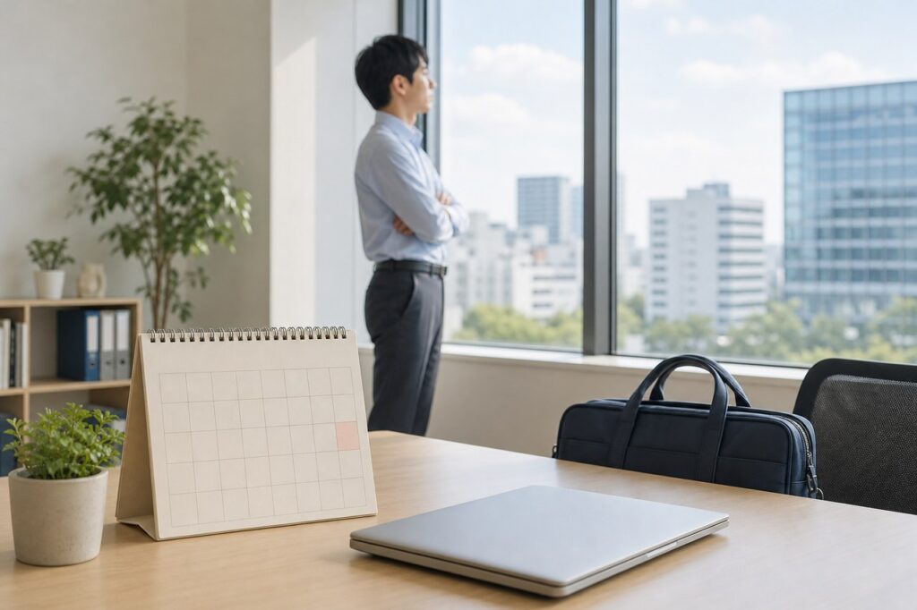 休日のオフィスで勤務を考える会社員