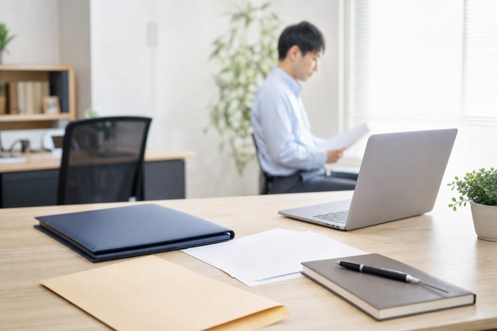 退職関連の書類を準備するオフィスのデスク