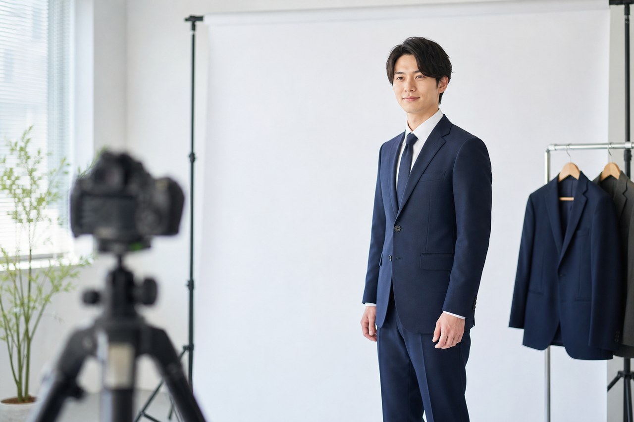 スーツ姿の男性が履歴書用の証明写真を撮影する様子
