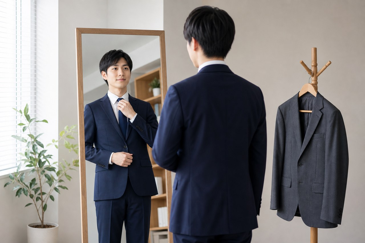 鏡の前でスーツ姿の身だしなみを整える男性