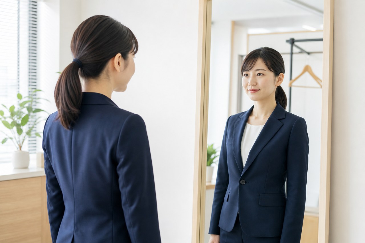 鏡の前で身だしなみを整えるスーツ姿の女性