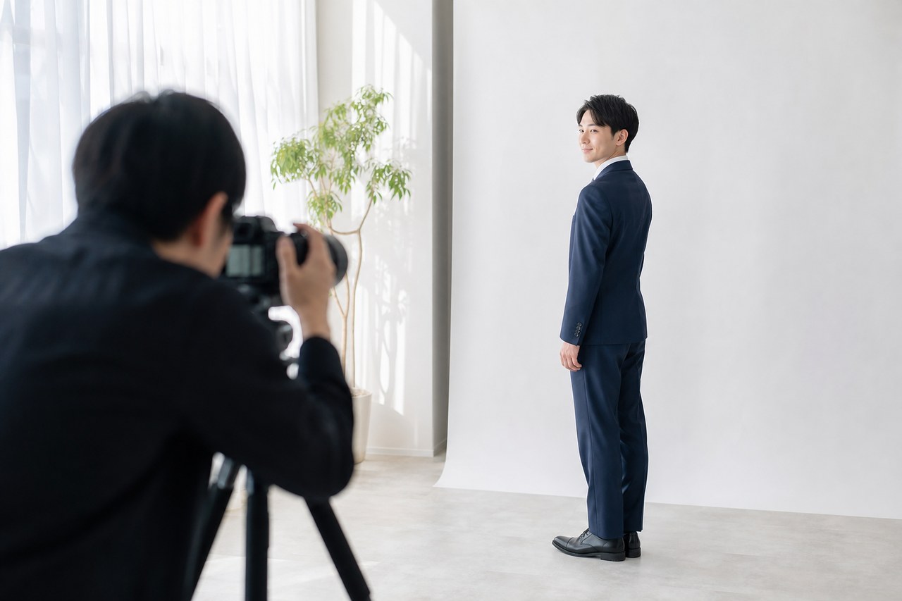 写真館で履歴書用の写真撮影に臨むスーツ姿の就活生