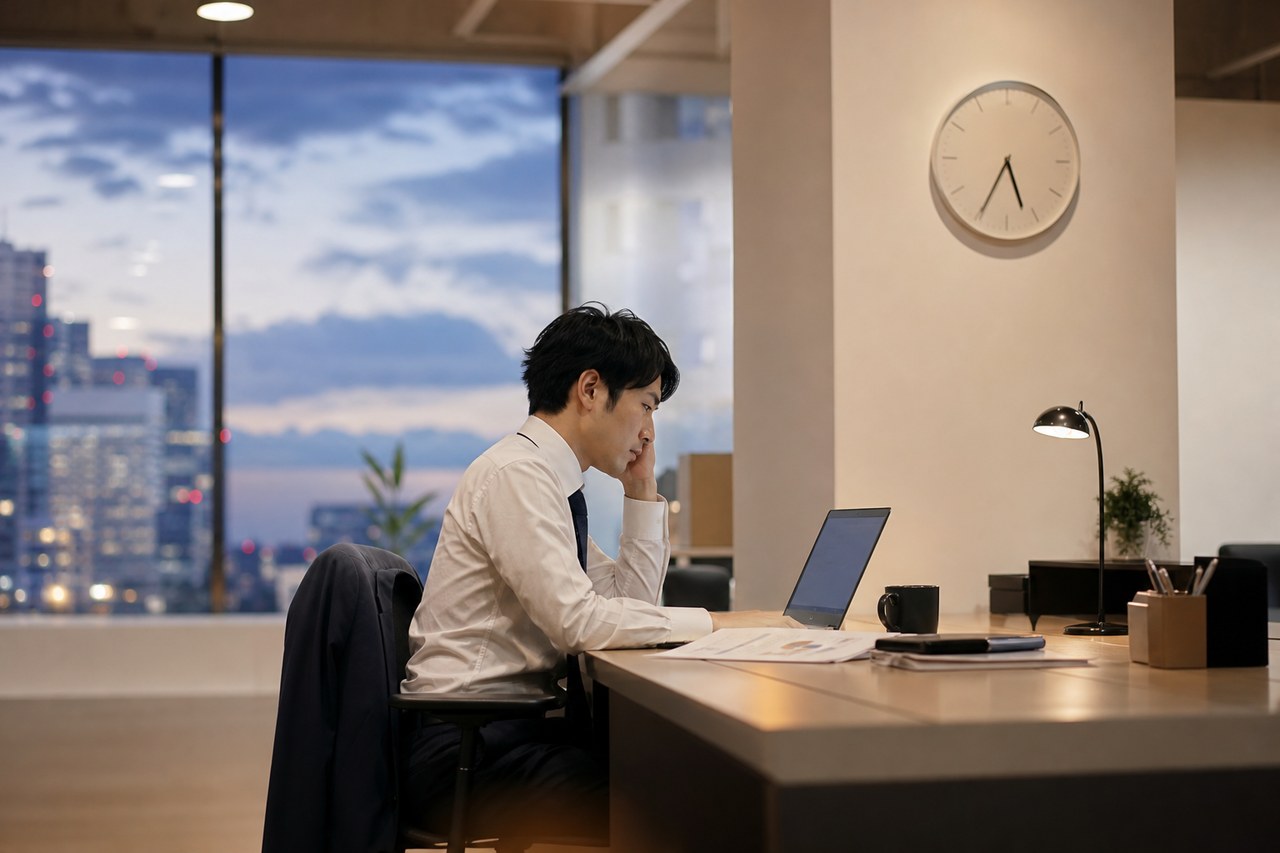 夕方のオフィスで残業を続ける社員