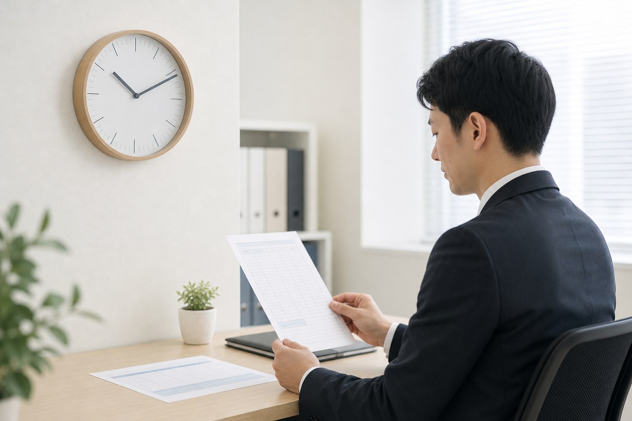 時計と勤務記録を確認する社員