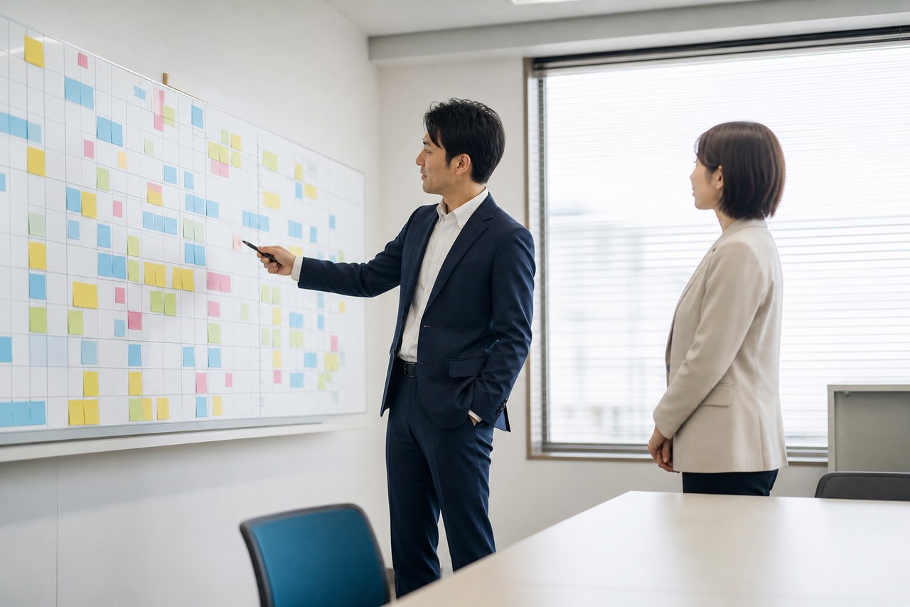 業務予定が詰まった会議室のボードを確認する上司と社員