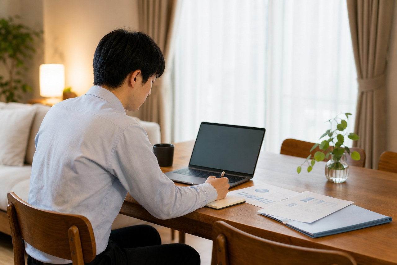 自宅で仕事の資料を見ながら作業を続ける社員