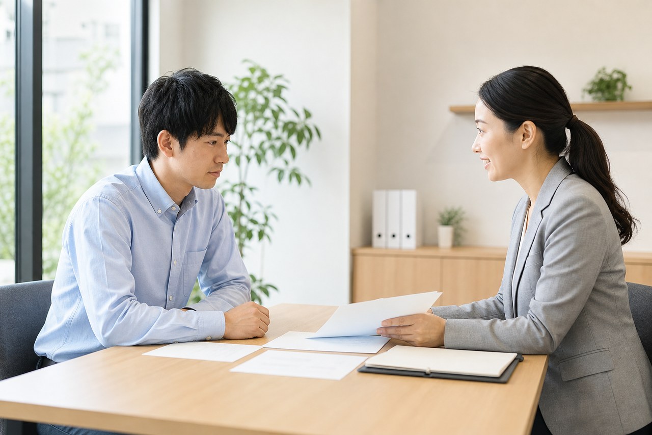 相談員と記録を確認する社員