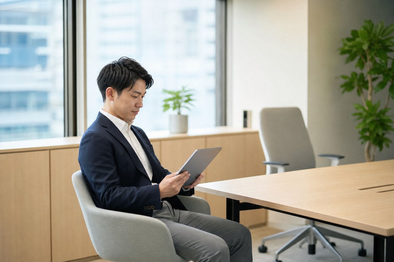 窓際でタブレットの求人情報を確認する社員