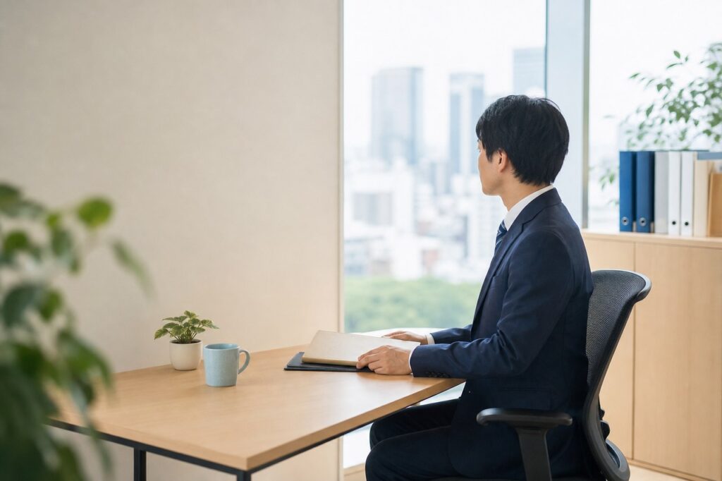 窓辺のオフィスで書類を確認し、次の仕事を考える人物