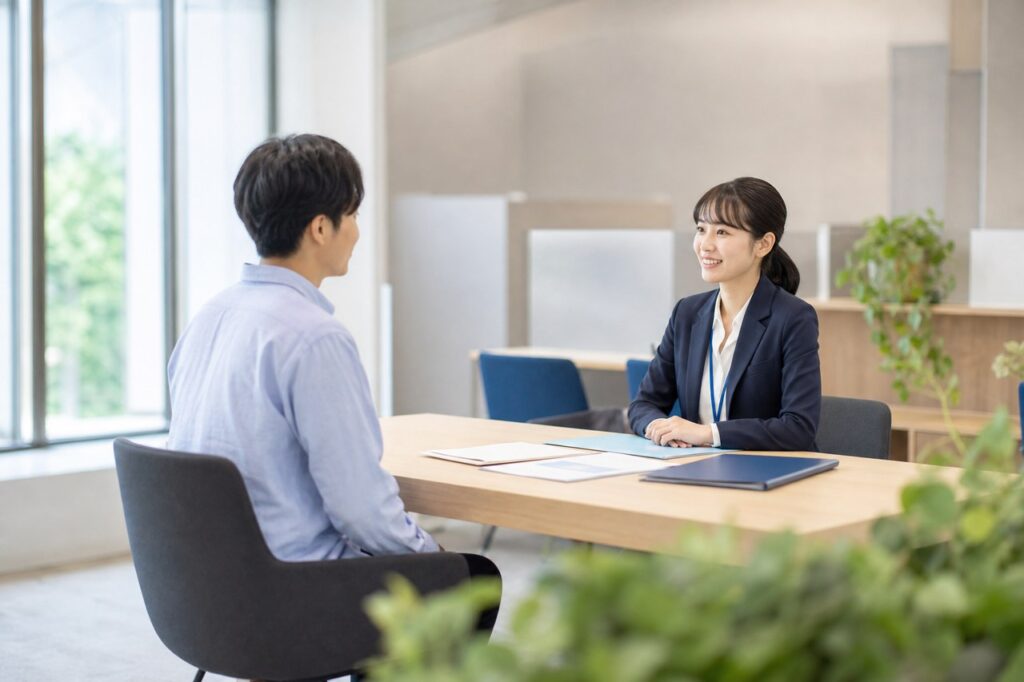ハローワーク風の相談窓口で受給手続きを相談する様子
