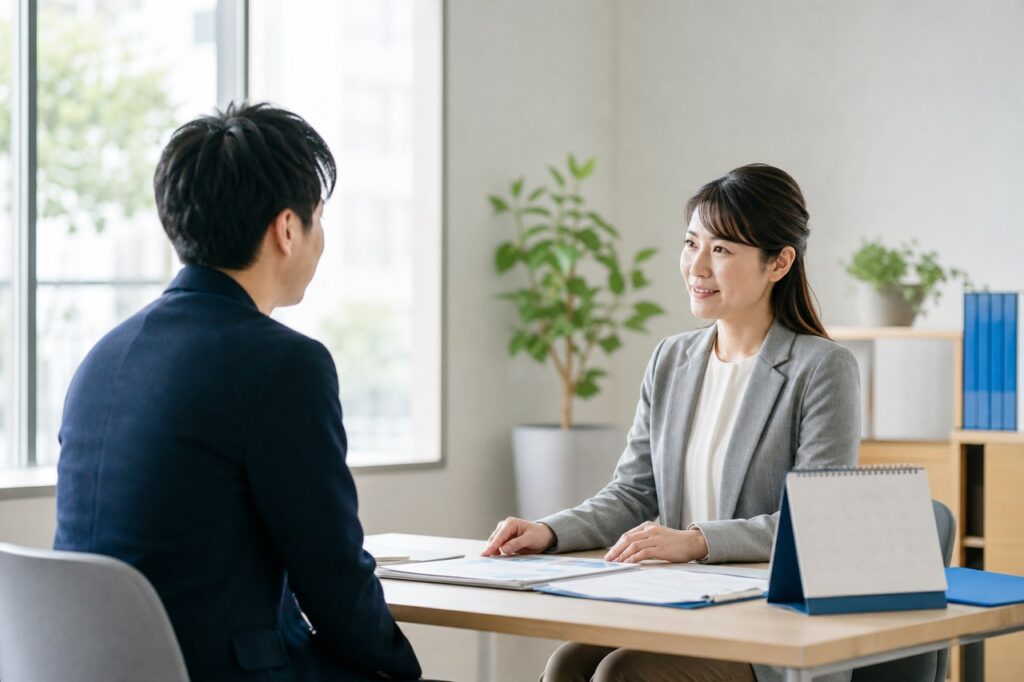 相談員と受給期間や仕事探しについて話す求職者