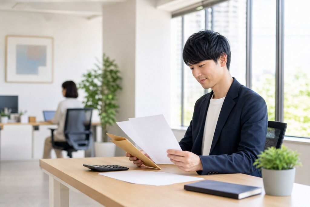窓辺のオフィスで書類と電卓を確認する人