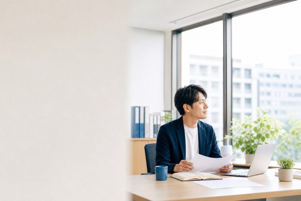 窓辺のデスクで退職後の見通しを整理する人